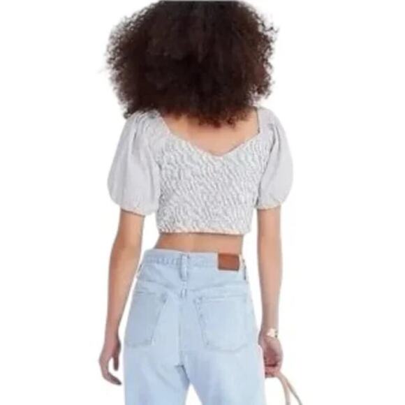 J.Crew Puff-Sleeve Organic Cotton Cropped Top Striped White Blue Beachy Womens L - Picture 2 of 12